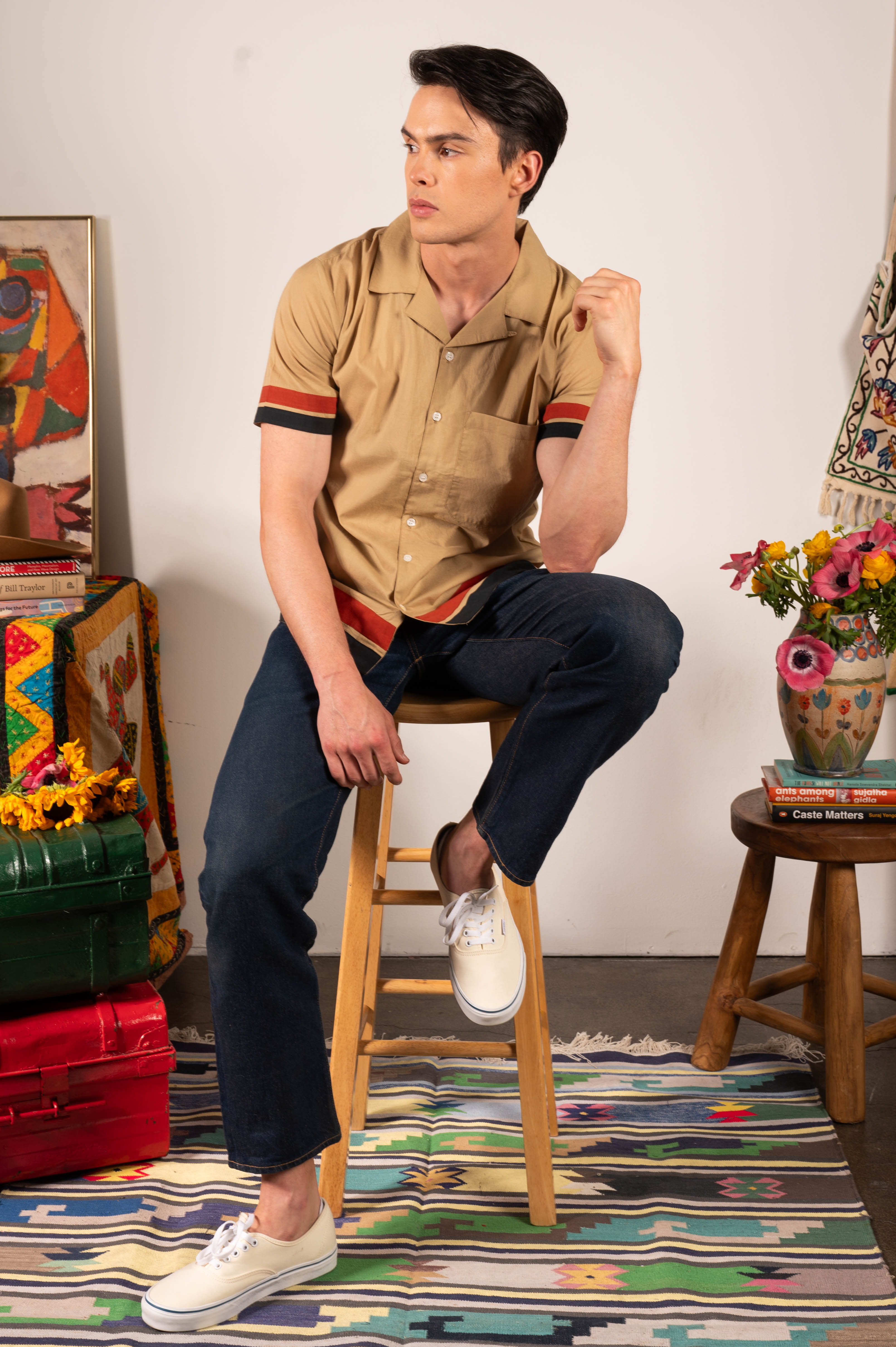 'The Don' Camp Collar Shirt in Khaki Ivy Stripe